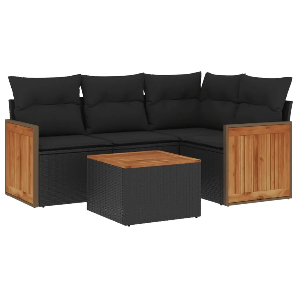 5 Piece Garden Sofa Set with Cushions Black Poly Rattan 3227616 - Furniture