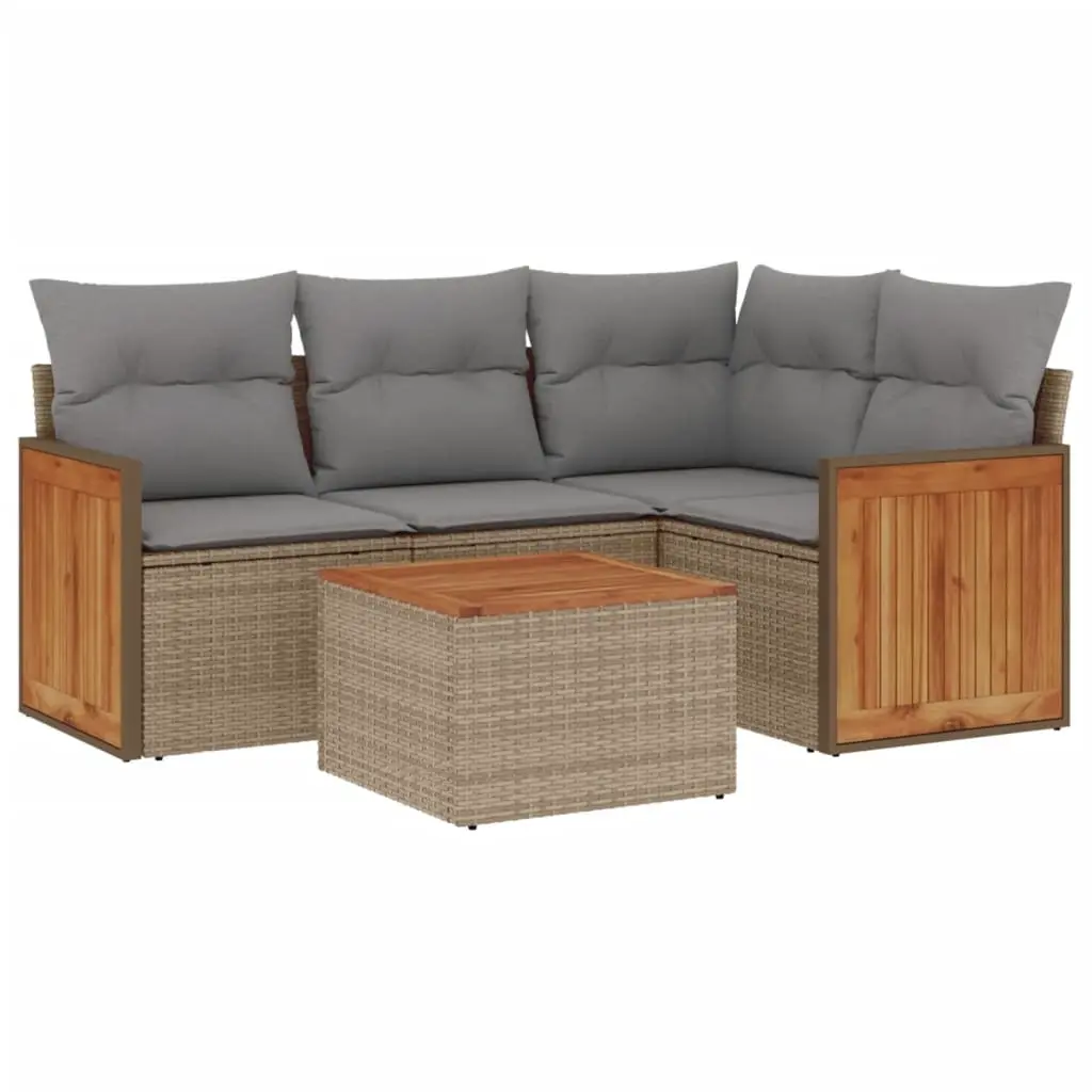5 Piece Garden Sofa Set with Cushions Beige Poly Rattan 3227620 - Furniture