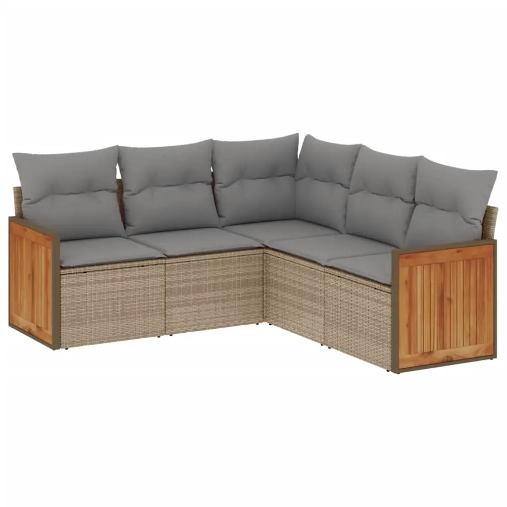 5 Piece Garden Sofa Set with Cushions Beige Poly Rattan 3227641 - Furniture