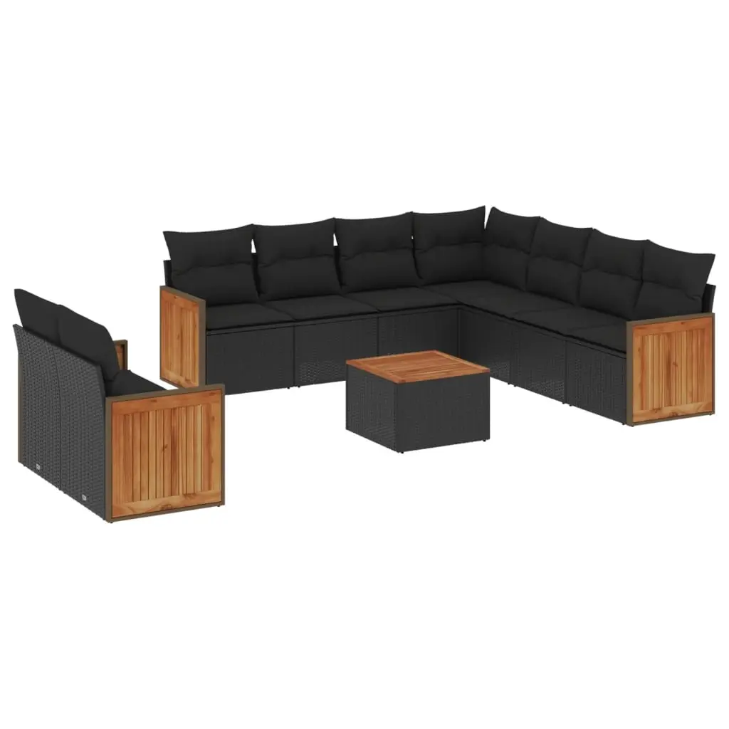 10 Piece Garden Sofa Set with Cushions Black Poly Rattan 3227784 - Furniture