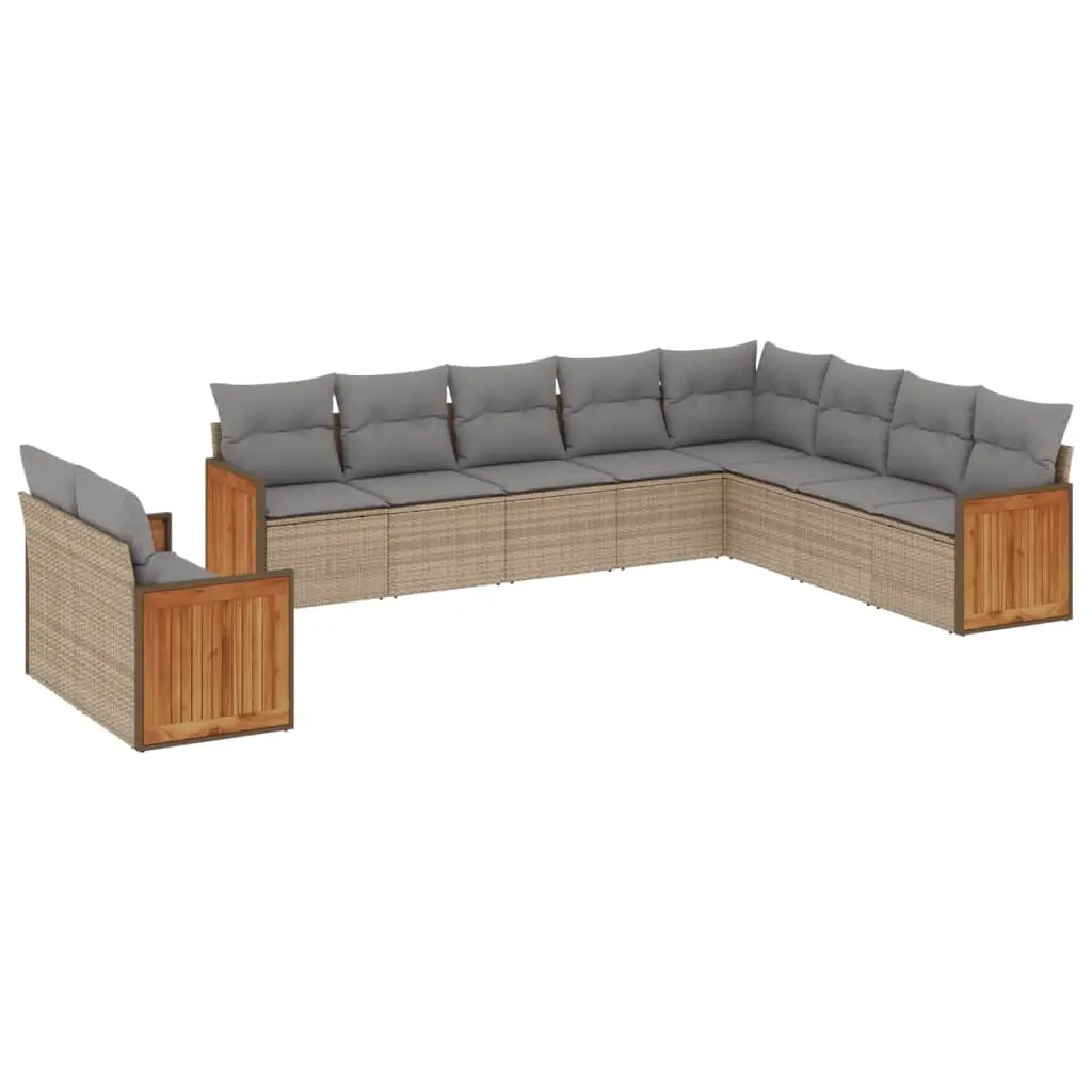 10 Piece Garden Sofa Set with Cushions Beige Poly Rattan 3227795 - Furniture