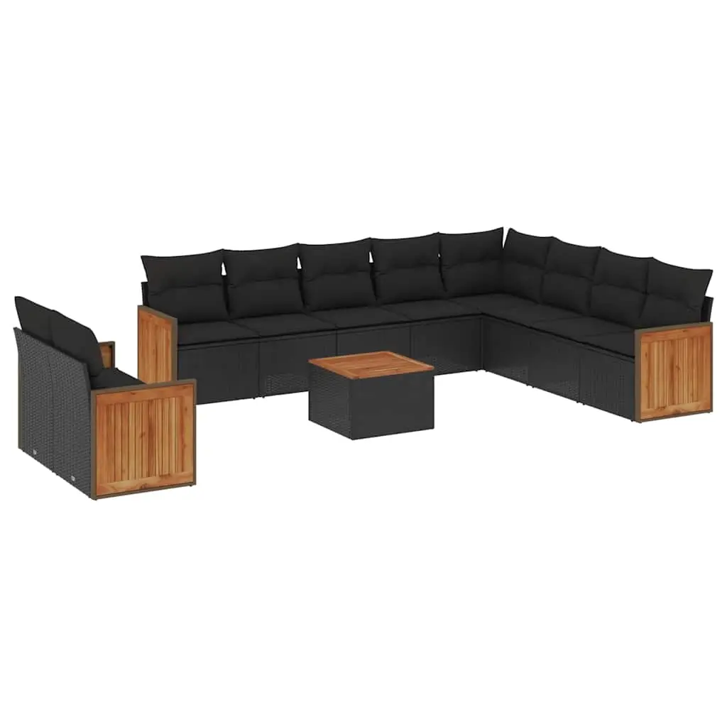 11 Piece Garden Sofa Set with Cushions Black Poly Rattan 3227798 - Furniture