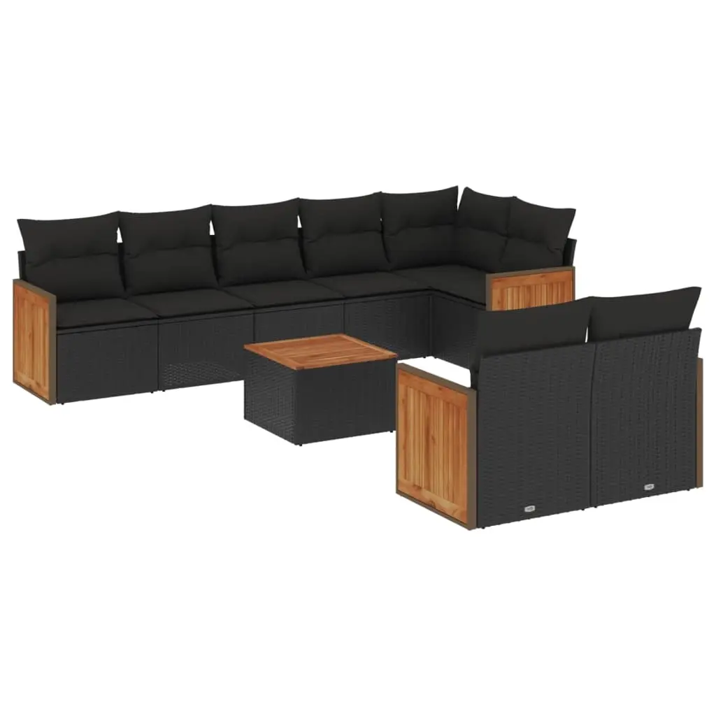 9 Piece Garden Sofa Set with Cushions Black Poly Rattan 3227833 - Furniture
