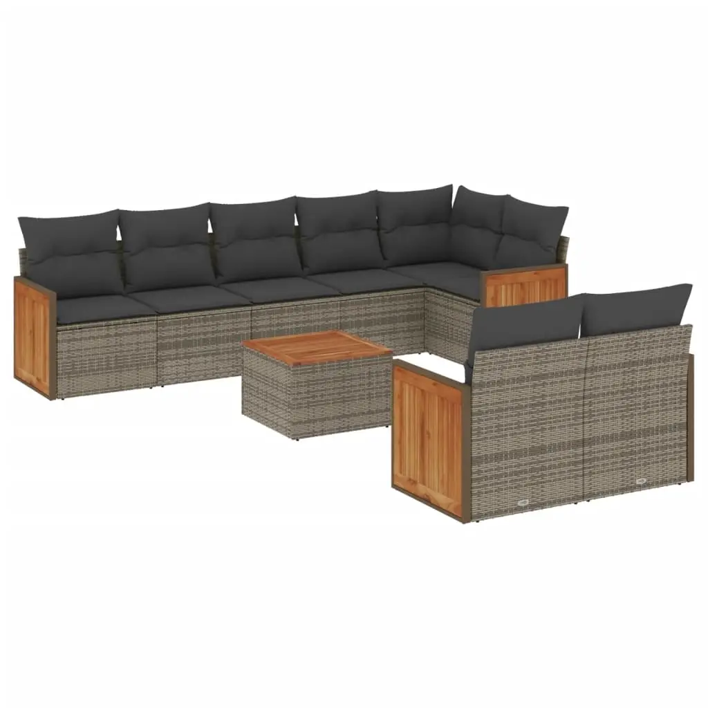9 Piece Garden Sofa Set with Cushions Grey Poly Rattan 3227838 - Furniture