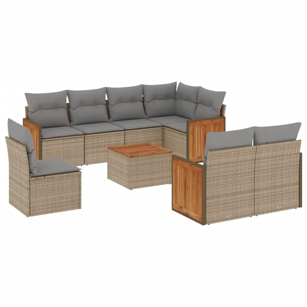 9 Piece Garden Sofa Set with Cushions Beige Poly Rattan 3227851 - Furniture