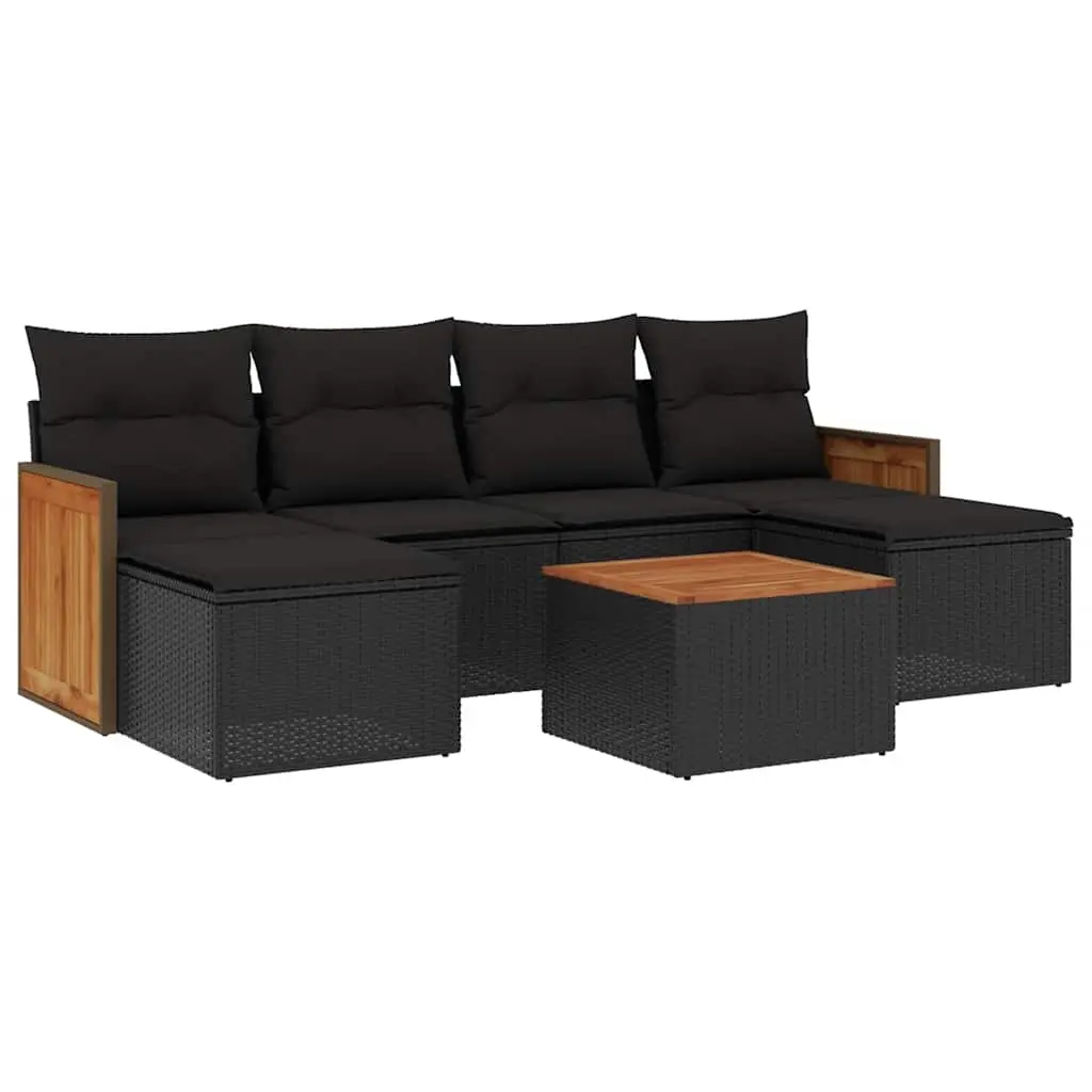 7 Piece Garden Sofa Set with Cushions Black Poly Rattan 3227903 - Furniture