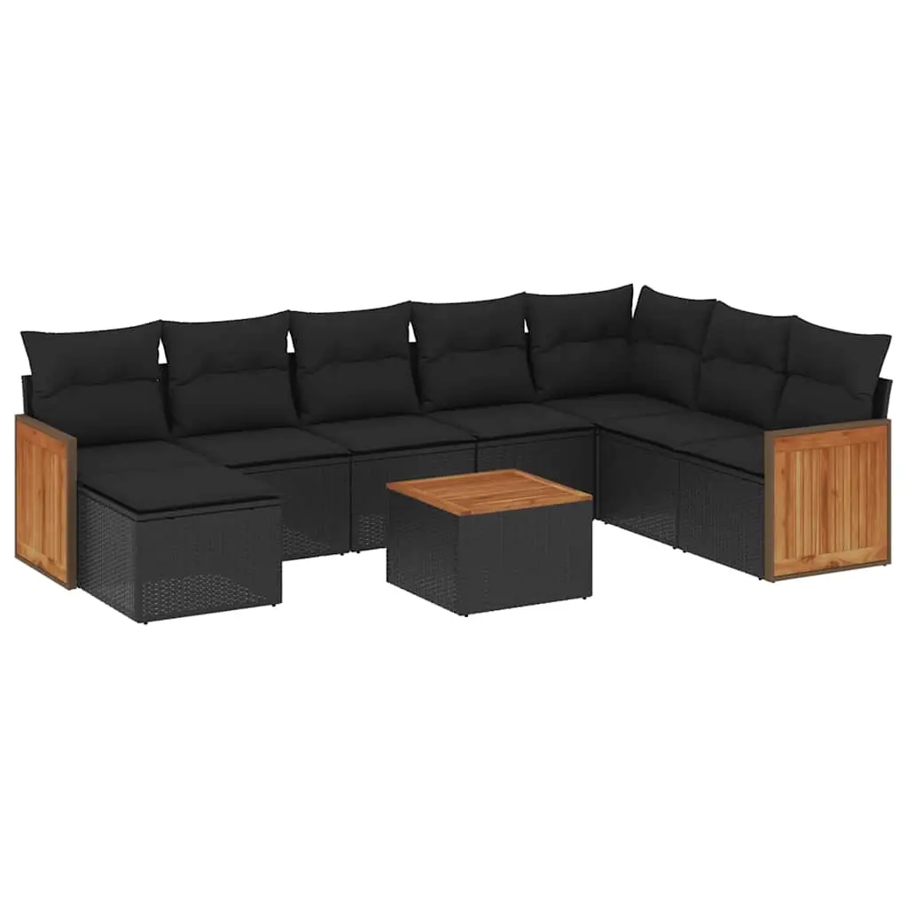 9 Piece Garden Sofa Set with Cushions Black poly ratta 3227931 - Furniture