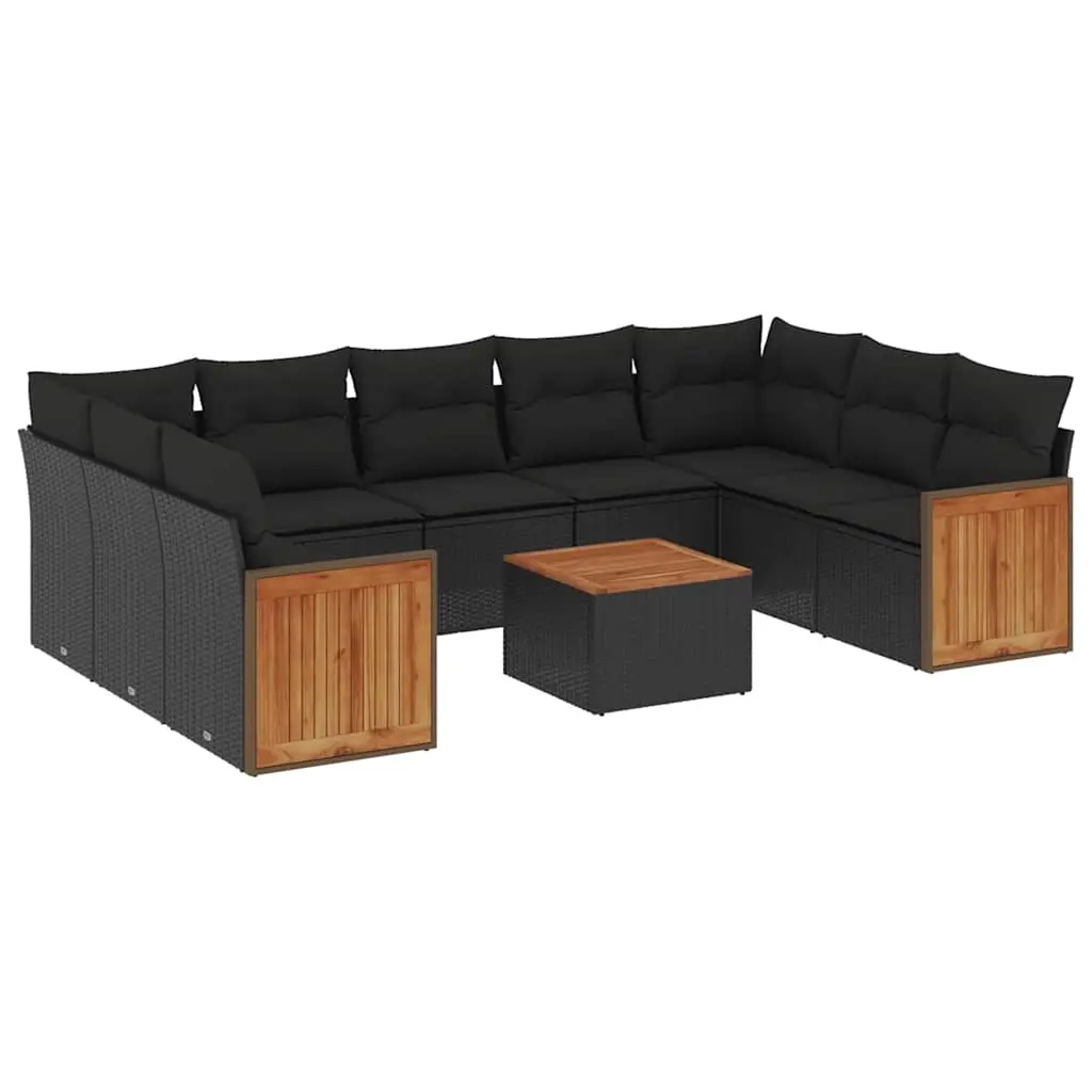 10 Piece Garden Sofa Set with Cushions Black Poly Rattan 3227959 - Furniture