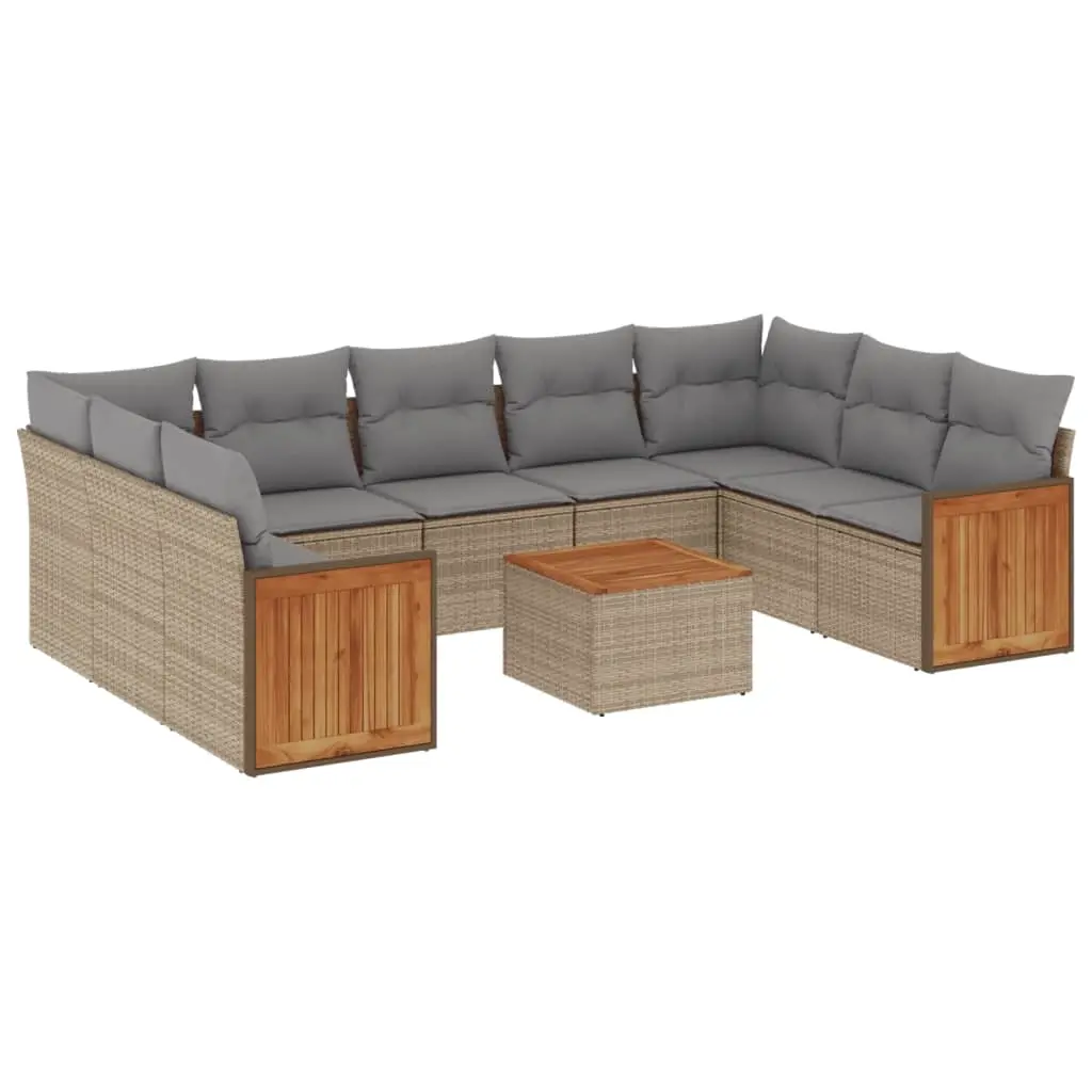 10 Piece Garden Sofa Set with Cushions Beige Poly Rattan 3227963 - Furniture