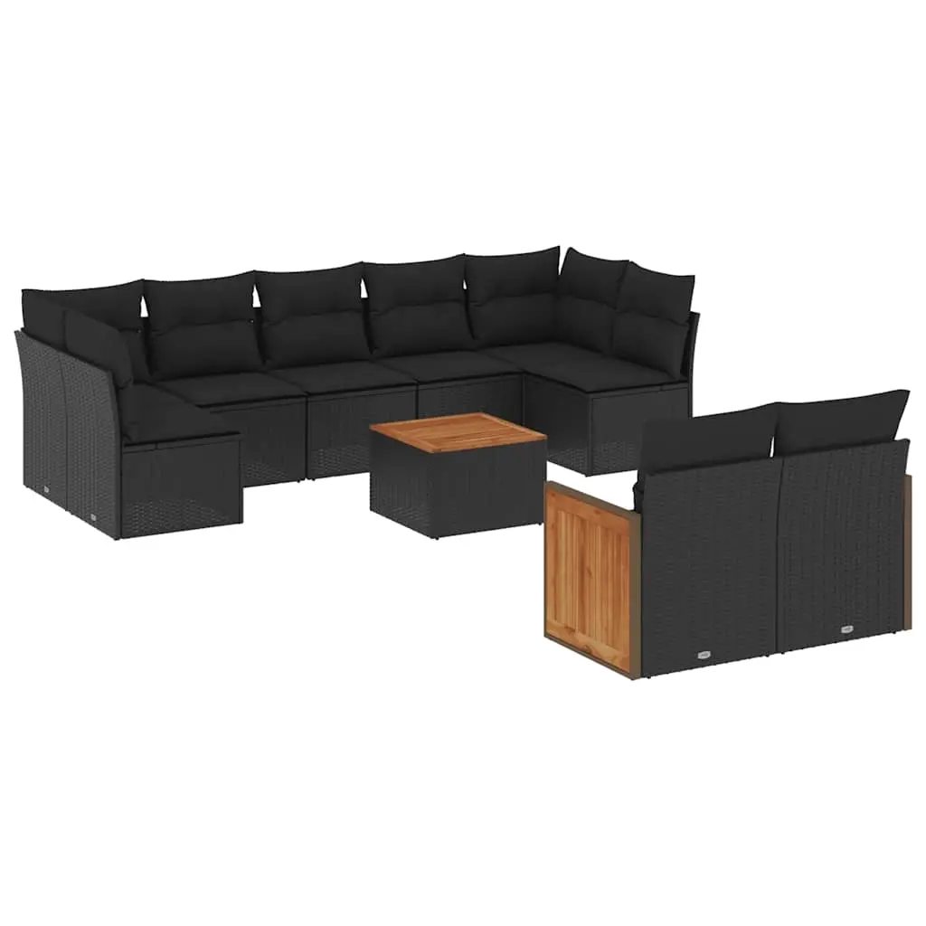 10 Piece Garden Sofa Set with Cushions Black Poly Rattan 3227973 - Furniture