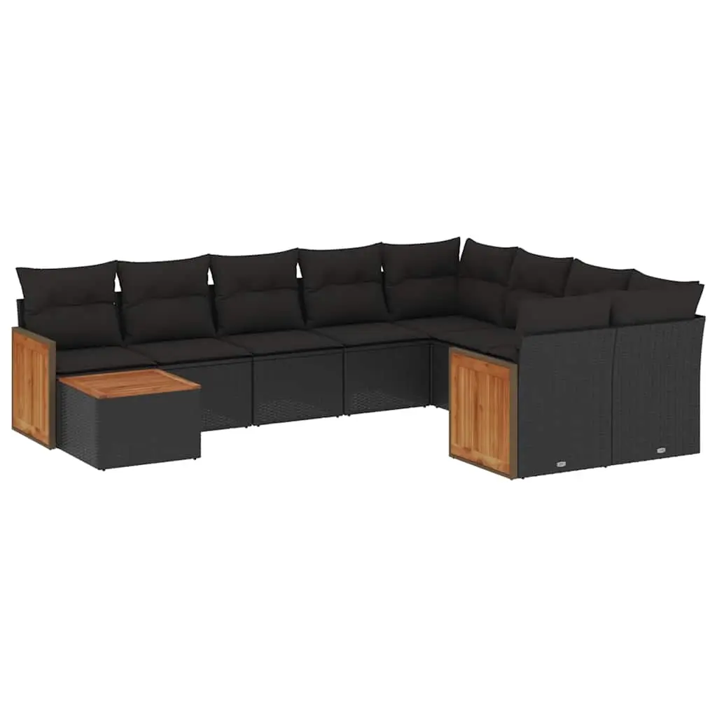 10 Piece Garden Sofa Set with Cushions Black Poly Rattan 3227994 - Furniture