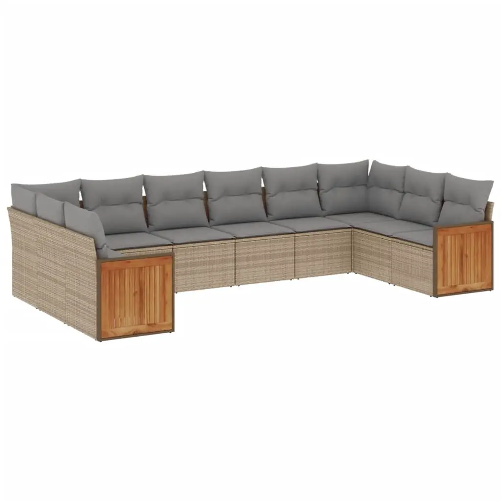 10 Piece Garden Sofa Set with Cushions Beige Poly Rattan 3228005 - Furniture