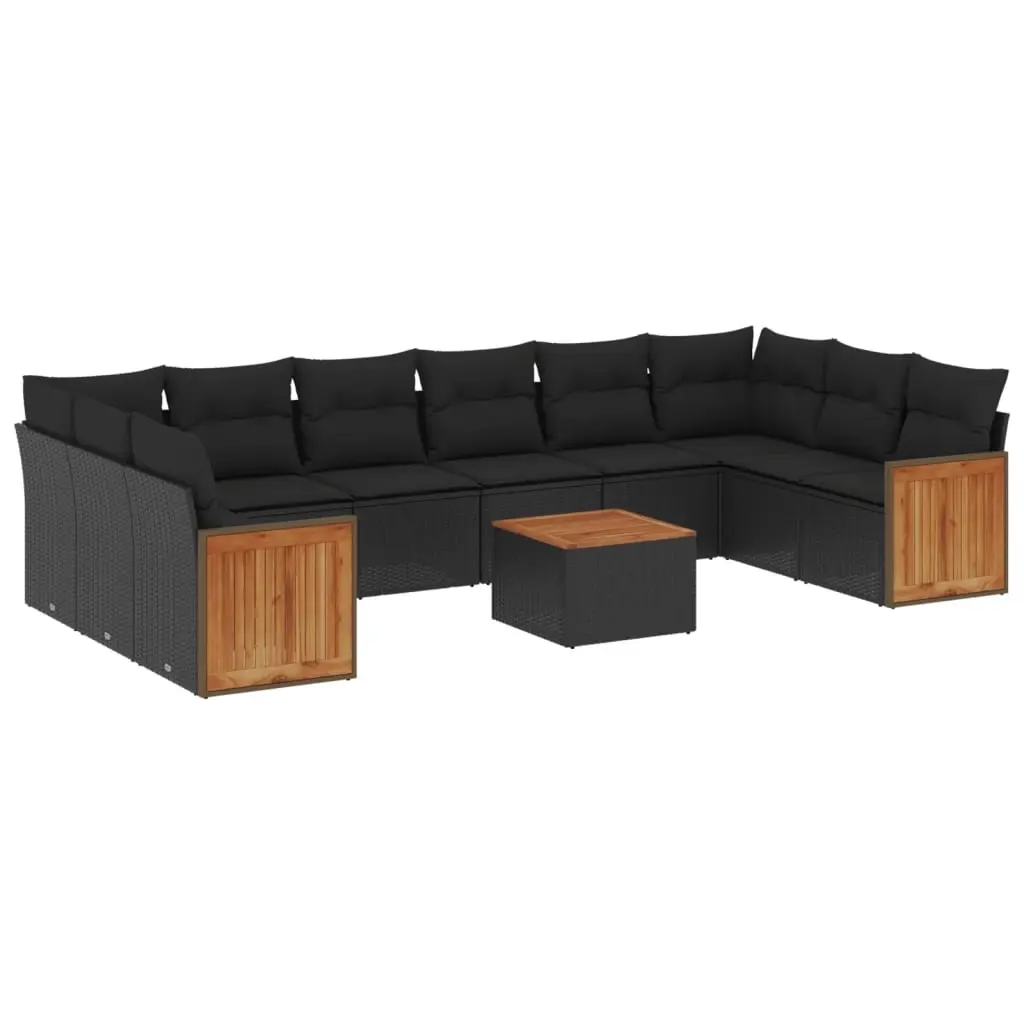 11 Piece Garden Sofa Set with Cushions Black Poly Rattan 3228008 - Furniture