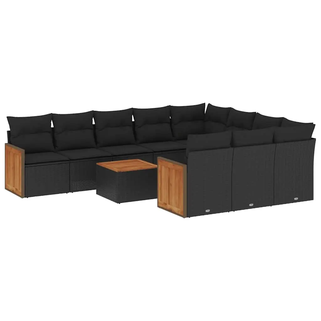 11 Piece Garden Sofa Set with Cushions Black Poly Rattan 3228022 - Furniture
