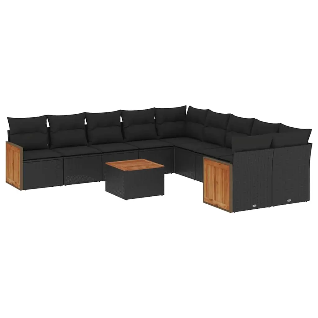 11 Piece Garden Sofa Set with Cushions Black Poly Rattan 3228036 - Furniture
