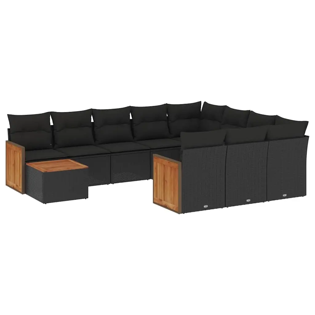 11 Piece Garden Sofa Set with Cushions Black Poly Rattan 3228043 - Furniture