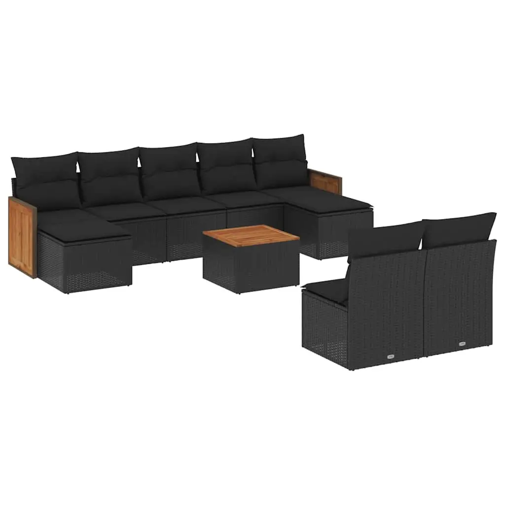 10 Piece Garden Sofa Set with Cushions Black Poly Rattan 3228057 - Furniture