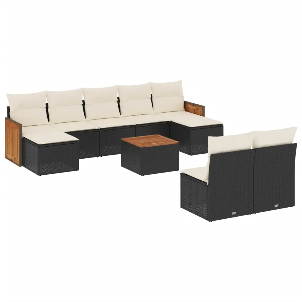 10 Piece Garden Sofa Set with Cushions Black Poly Rattan 3228058 - Furniture