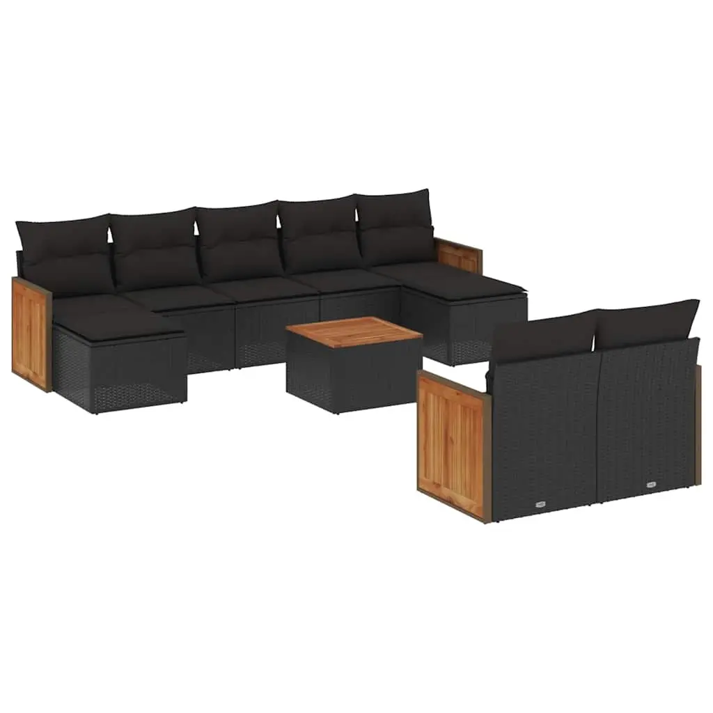 10 Piece Garden Sofa Set with Cushions Black Poly Rattan 3228085 - Furniture