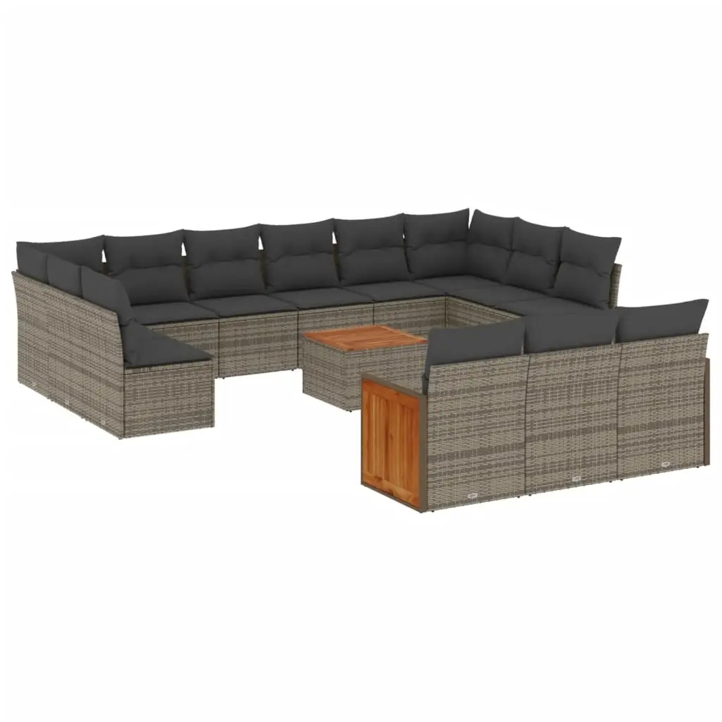 14 Piece Garden Sofa Set with Cushions Grey Poly Rattan 3228146 - Furniture