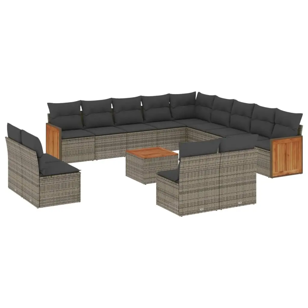 14 Piece Garden Sofa Set with Cushions Grey Poly Rattan 3228174 - Furniture