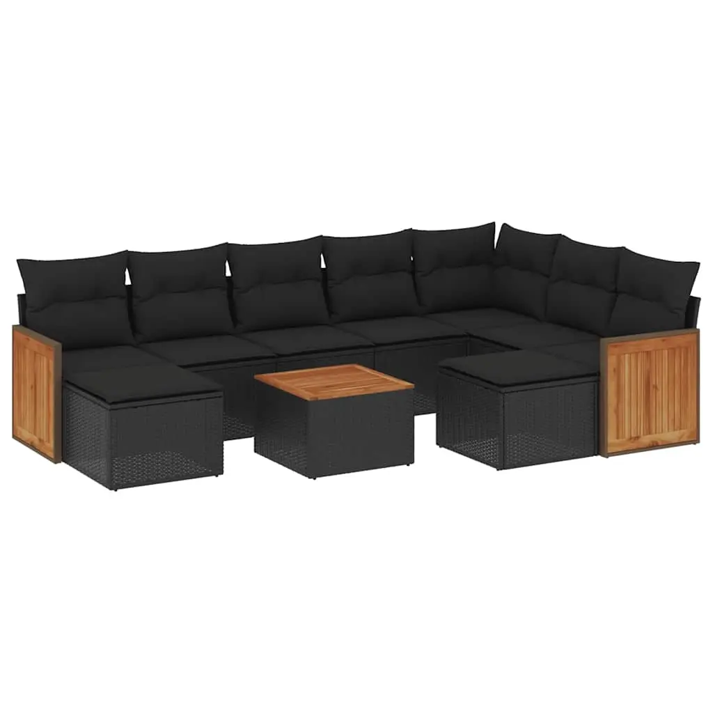 10 Piece Garden Sofa Set with Cushions Black Poly Rattan 3228225 - Furniture