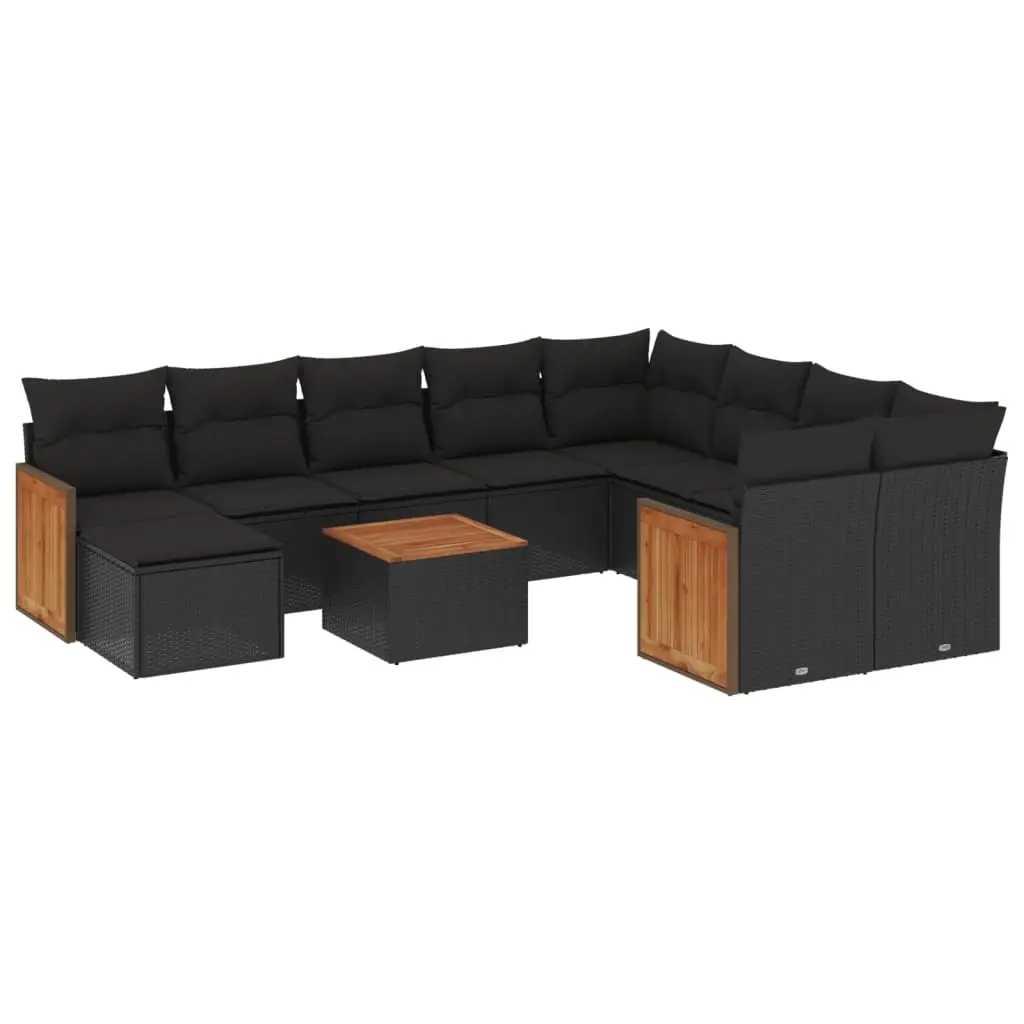 11 Piece Garden Sofa Set with Cushions Black Poly Rattan 3228239 - Furniture