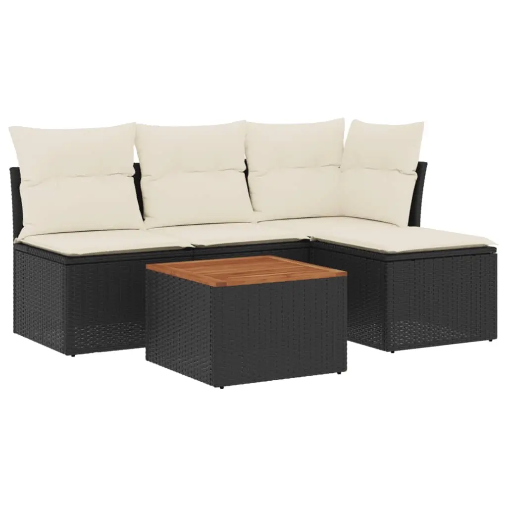 5 Piece Garden Sofa Set with Cushions Black Poly Rattan 3223592 - Furniture