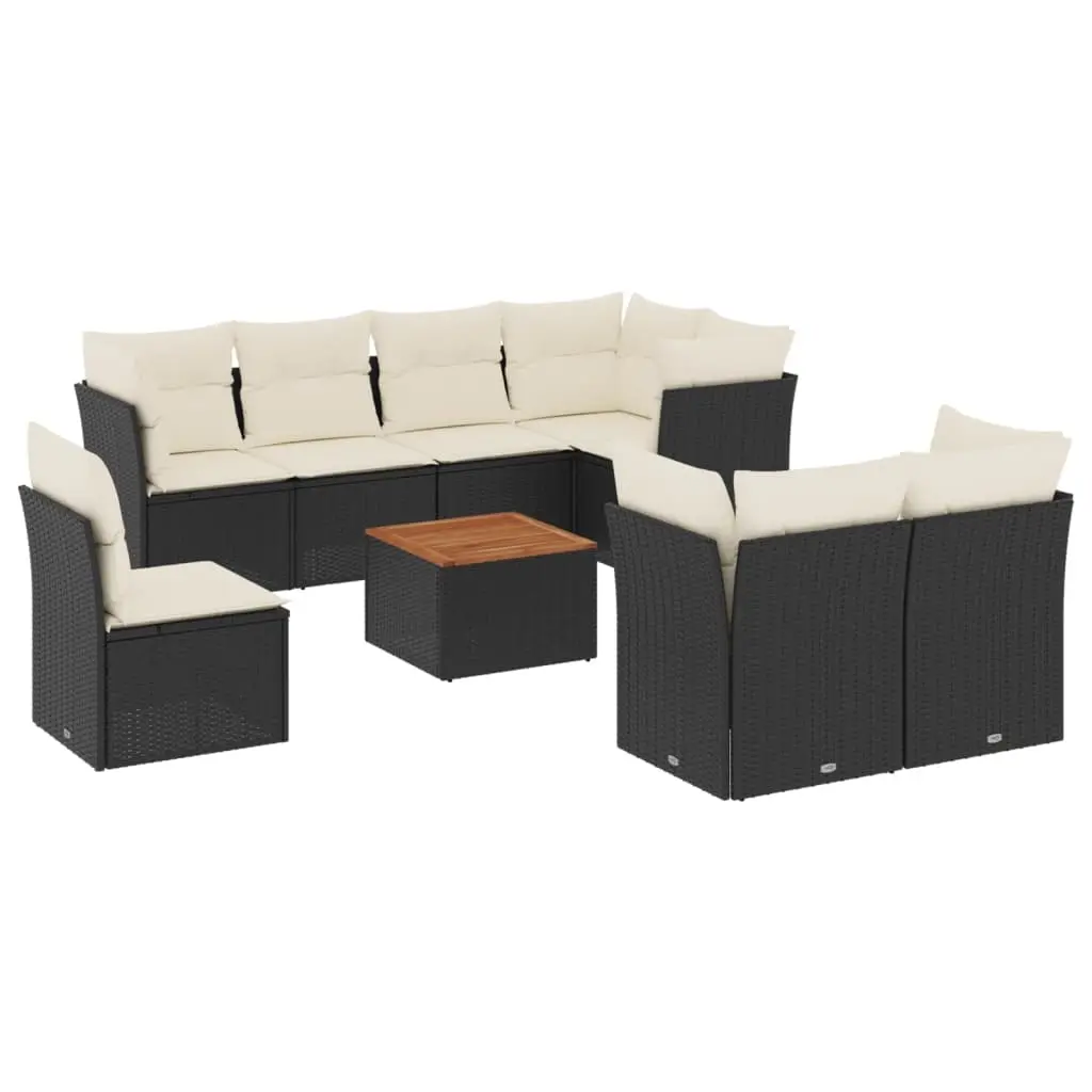 9 Piece Garden Sofa Set with Cushions Black Poly Rattan 3223739 - Furniture
