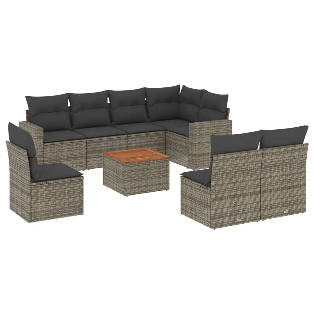 9 Piece Garden Sofa Set with Cushions Grey Poly Rattan 3224163 - Furniture