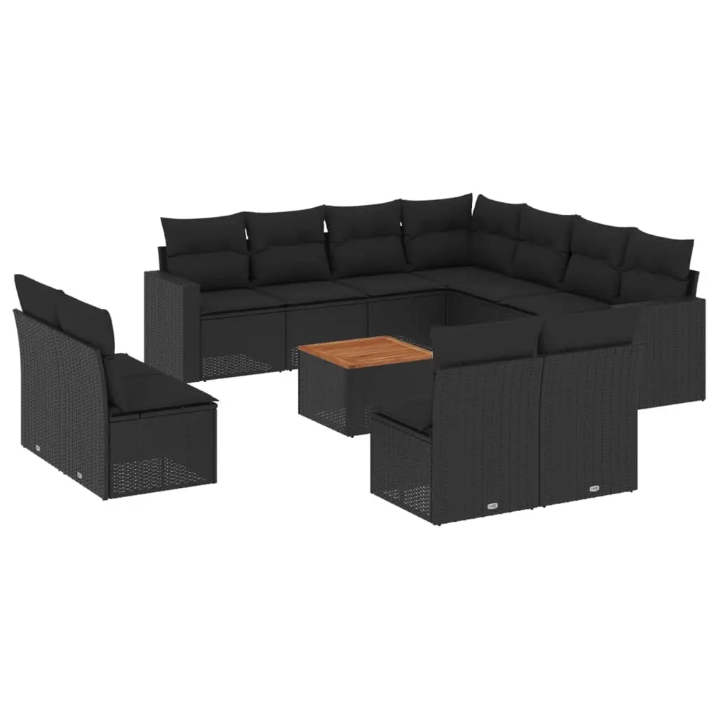 12 Piece Garden Sofa Set with Cushions Black Poly Rattan 3224179 - Furniture