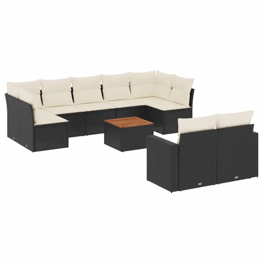 10 Piece Garden Sofa Set with Cushions Black Poly Rattan 3224271 - Furniture