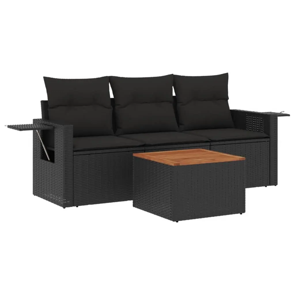 4 Piece Garden Sofa Set with Cushions Black Poly Rattan 3224431 - Furniture