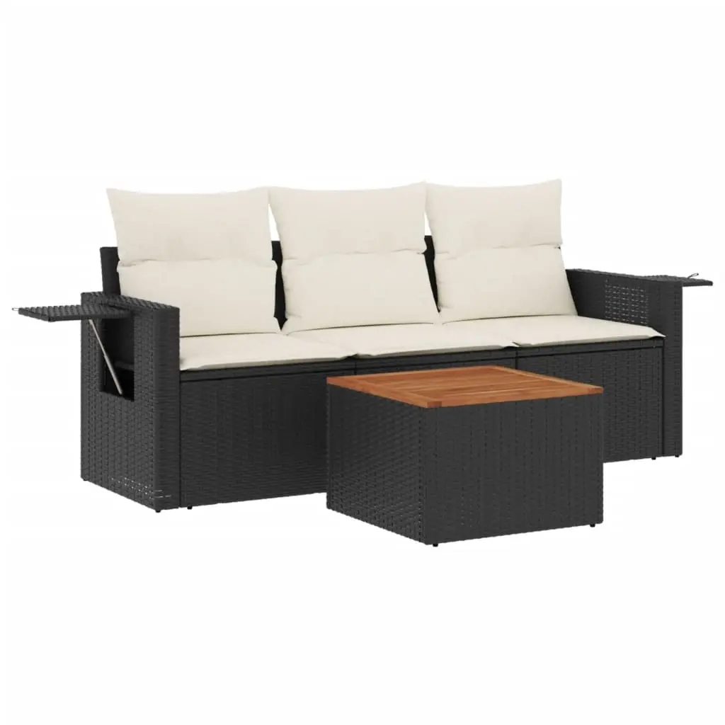 4 Piece Garden Sofa Set with Cushions Black Poly Rattan 3224432 - Furniture