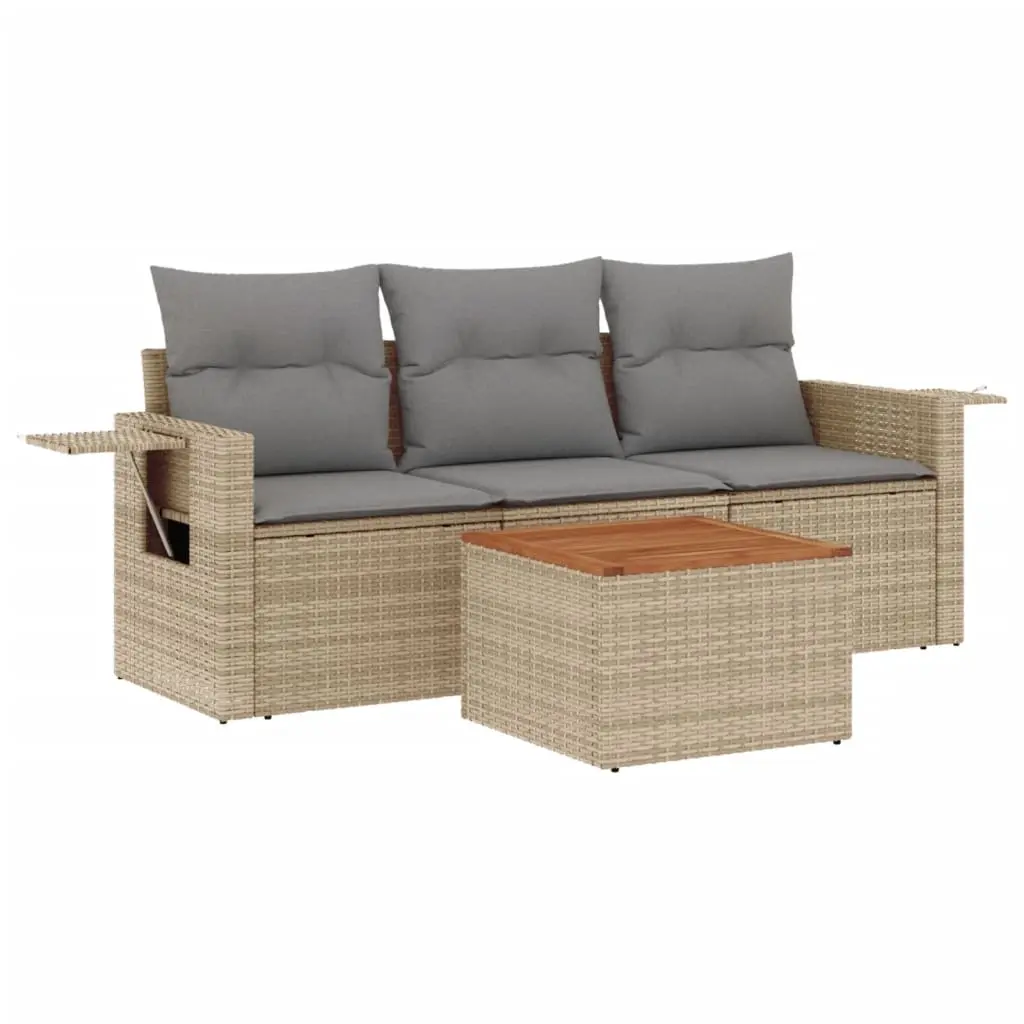 4 Piece Garden Sofa Set with Cushions Beige Poly Rattan 3224435 - Furniture