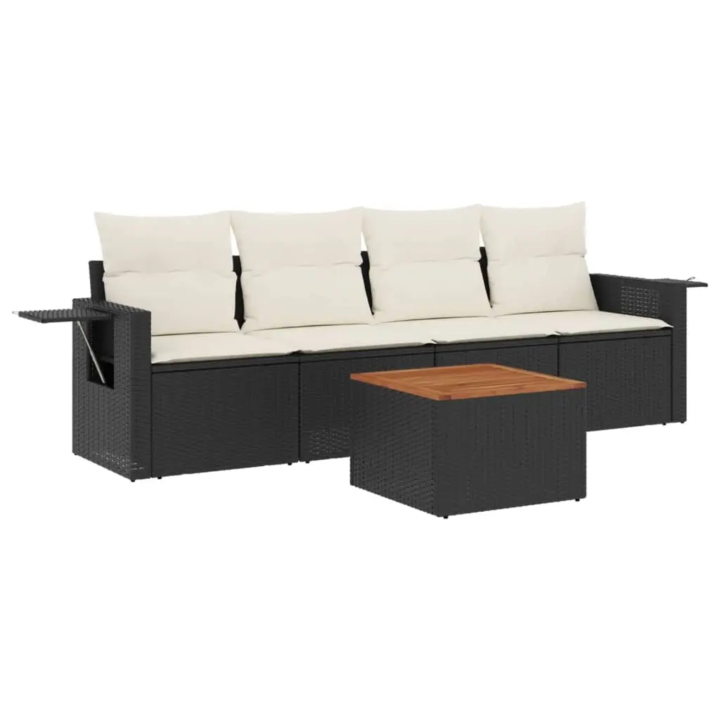 5 Piece Garden Sofa Set with Cushions Black Poly Rattan 3224439 - Furniture