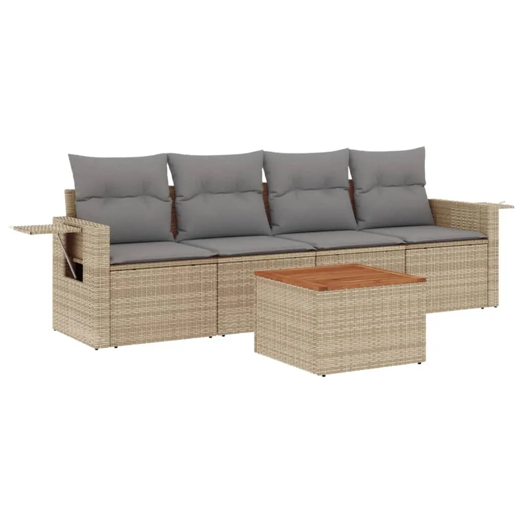 5 Piece Garden Sofa Set with Cushions Beige Poly Rattan 3224442 - Furniture