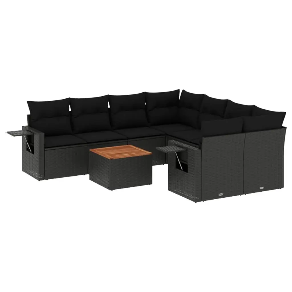 9 Piece Garden Sofa Set with Cushions Black Poly Rattan 3224487 - Furniture