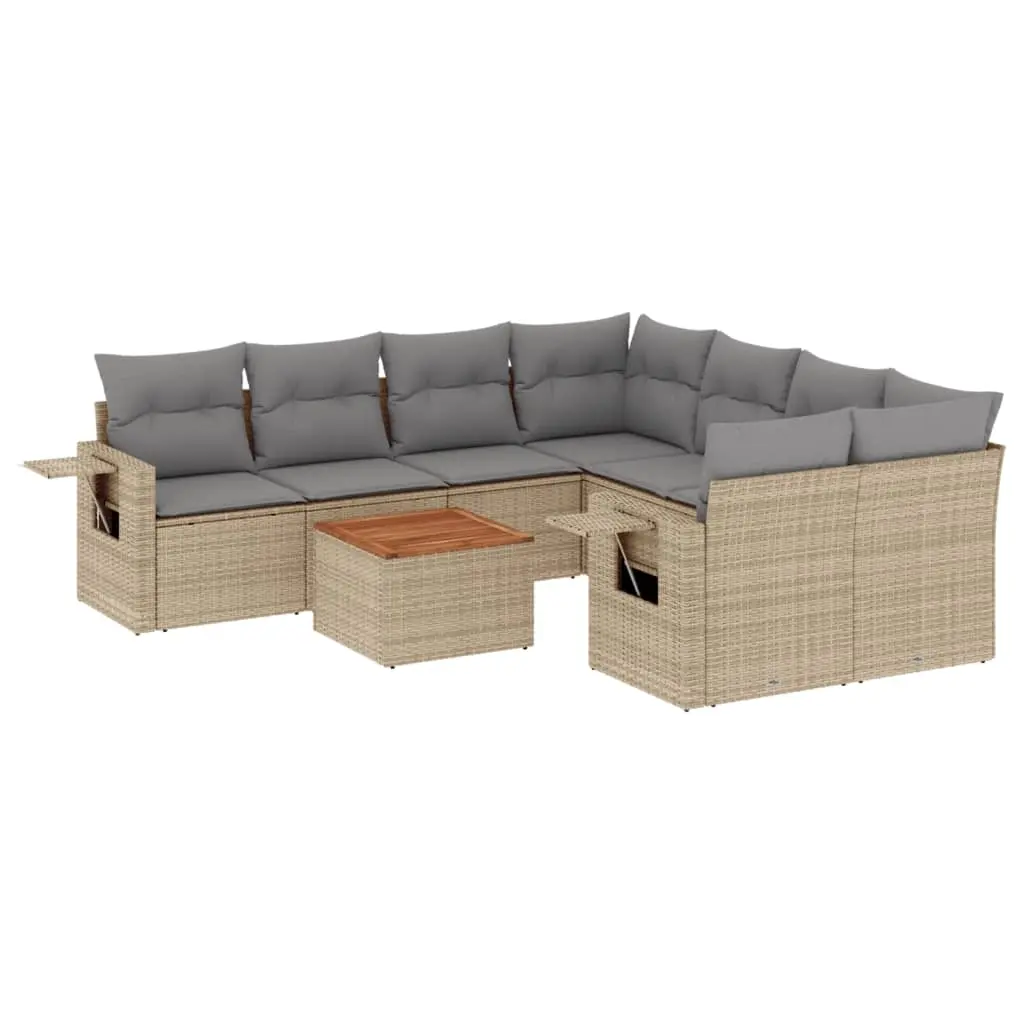 9 Piece Garden Sofa Set with Cushions Beige Poly Rattan 3224491 - Furniture