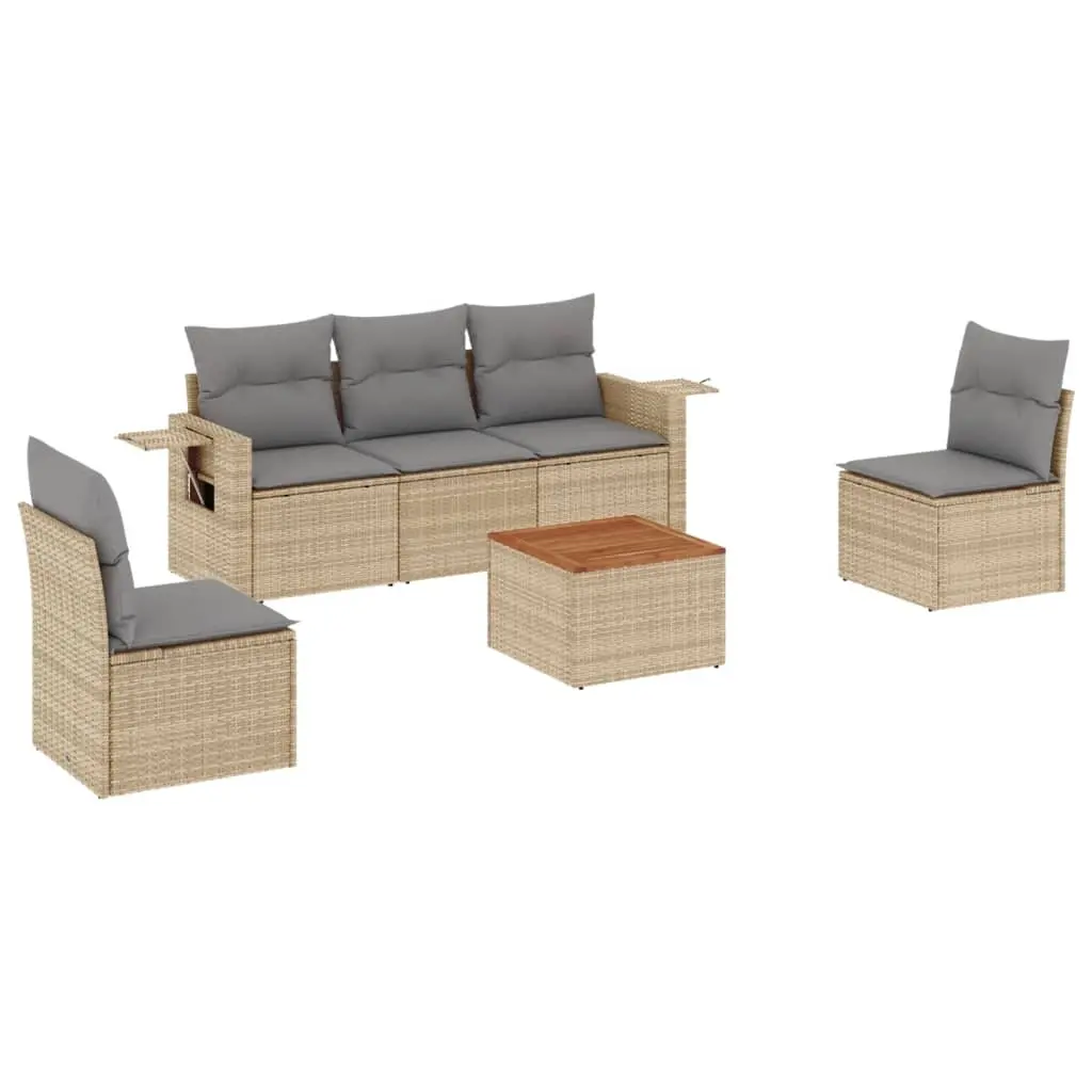6 Piece Garden Sofa Set with Cushions Beige Poly Rattan 3224505 - Furniture
