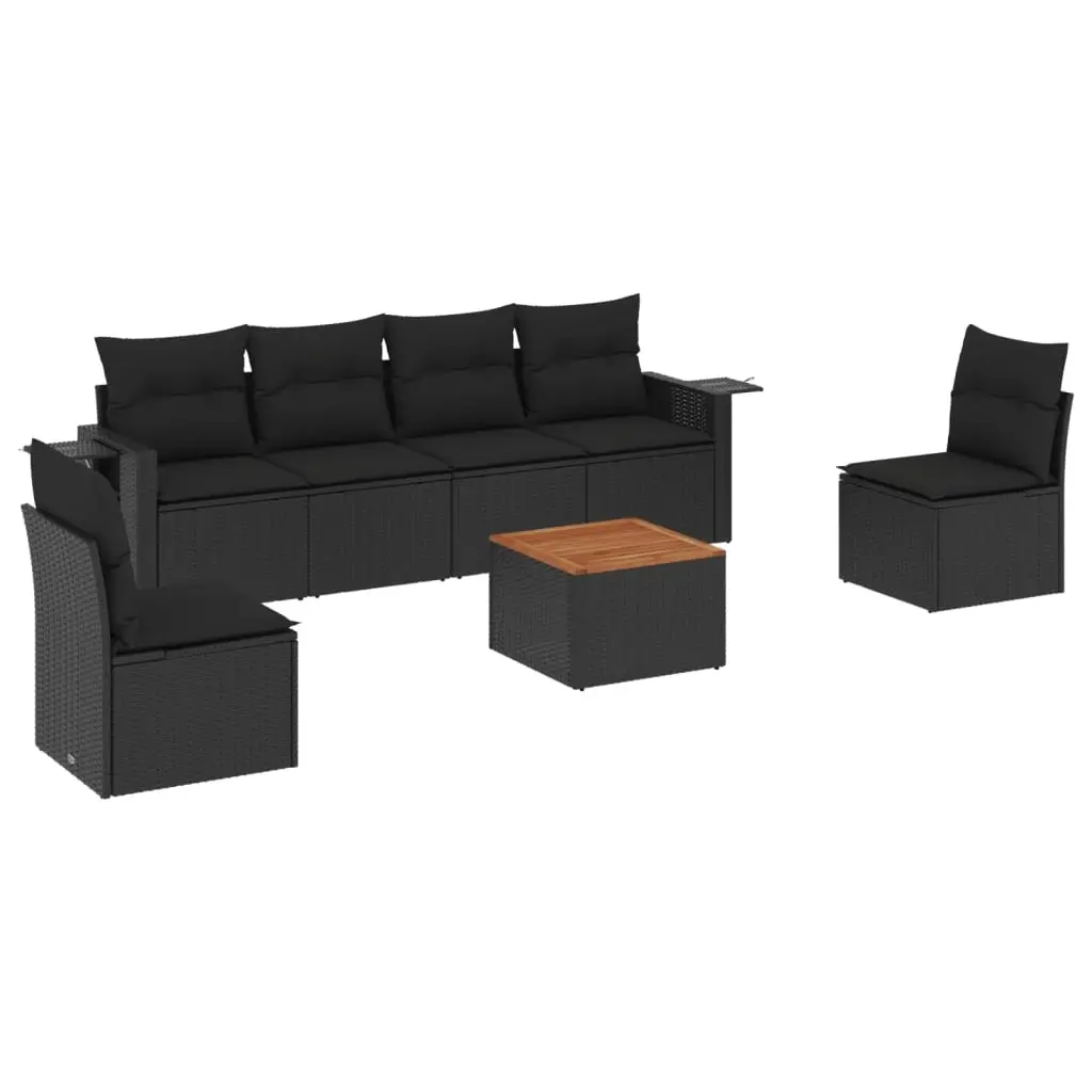 7 Piece Garden Sofa Set with Cushions Black Poly Rattan 3224508 - Furniture