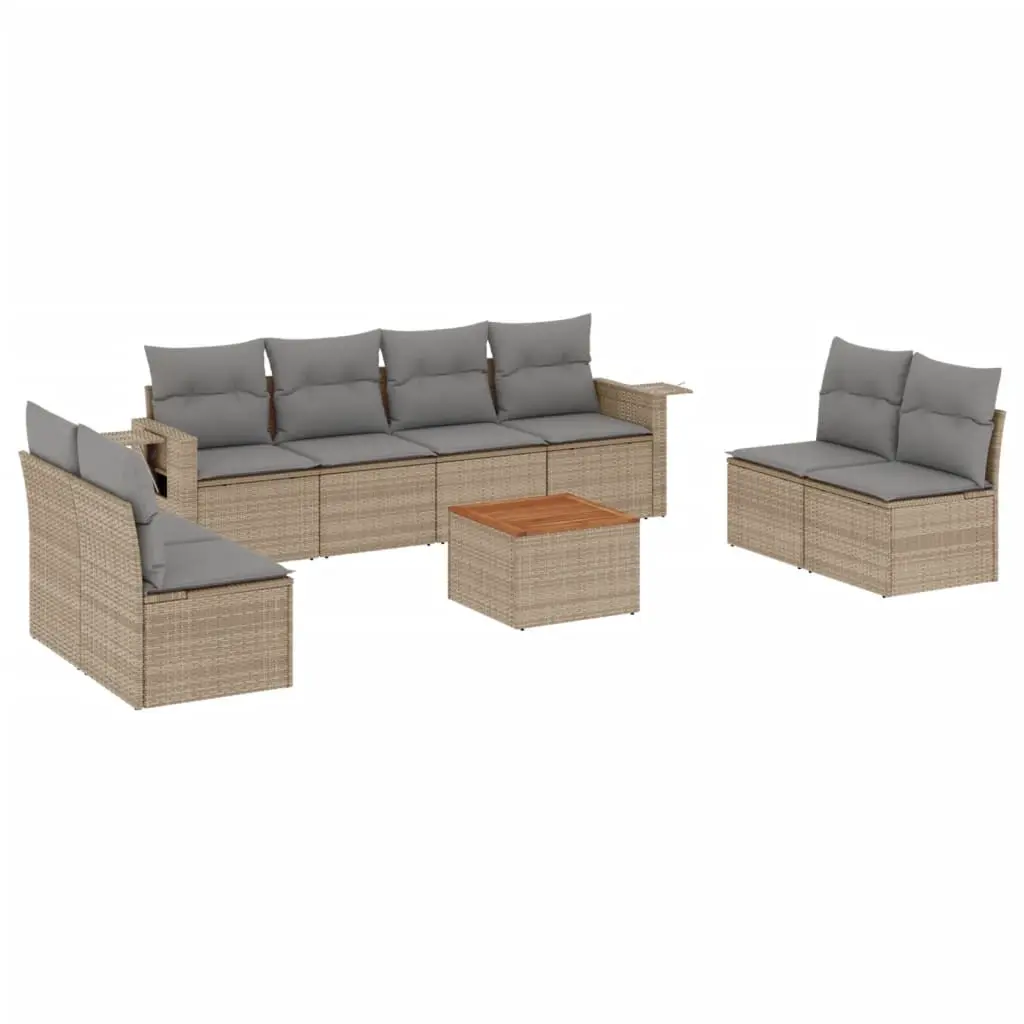 9 Piece Garden Sofa Set with Cushions Beige Poly Rattan 3224526 - Furniture