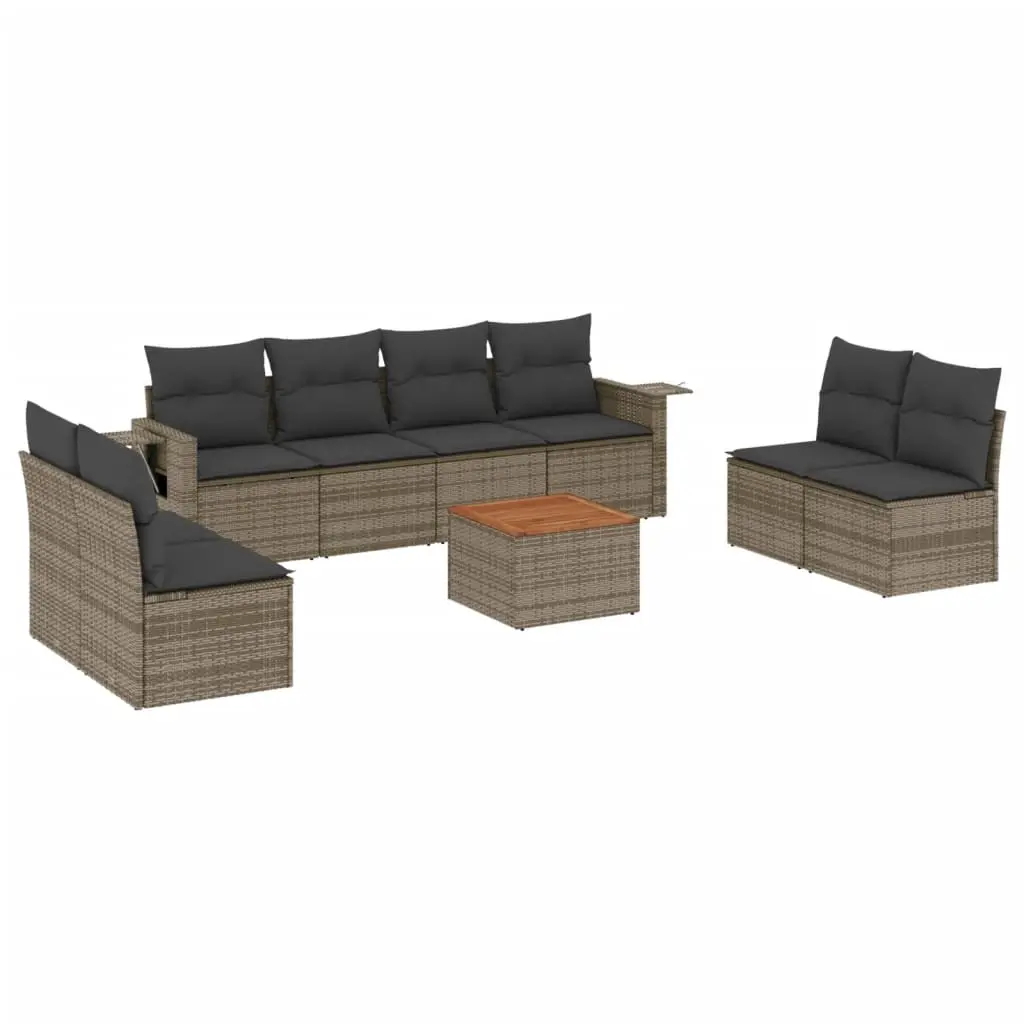 9 Piece Garden Sofa Set with Cushions Grey Poly Rattan 3224527 - Furniture