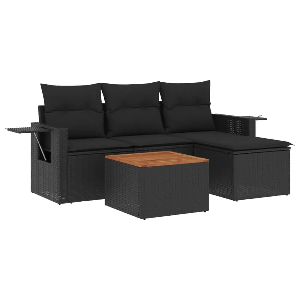 5 Piece Garden Sofa Set with Cushions Black Poly Rattan 3224529 - Furniture