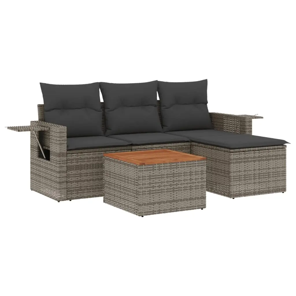5 Piece Garden Sofa Set with Cushions Grey Poly Rattan 3224534 - Furniture