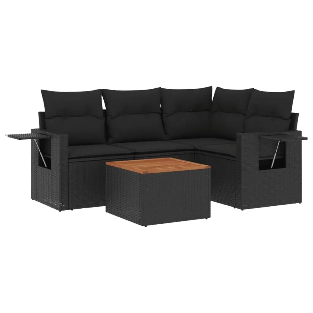 5 Piece Garden Sofa Set with Cushions Black Poly Rattan 3224543 - Furniture