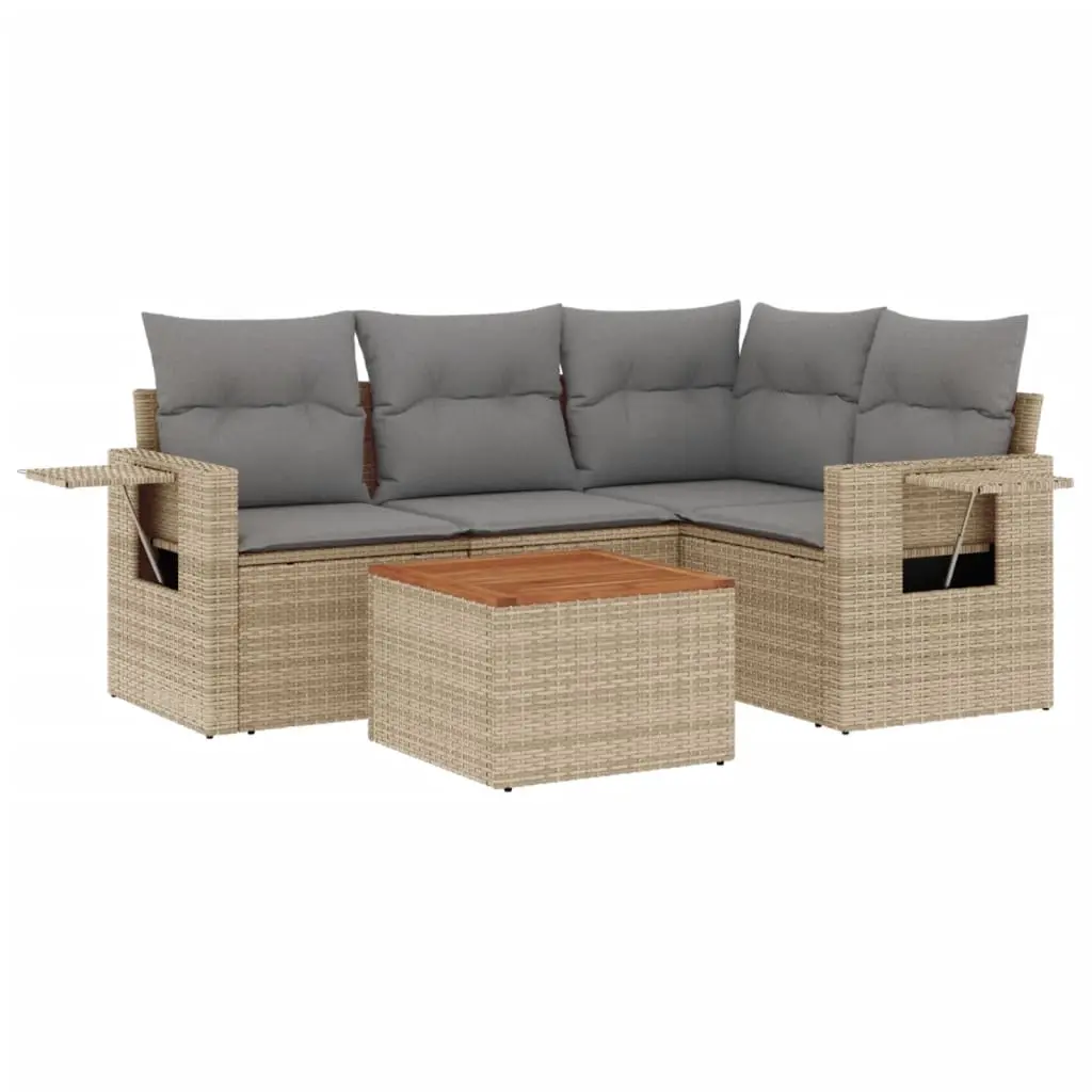 5 Piece Garden Sofa Set with Cushions Beige Poly Rattan 3224547 - Furniture