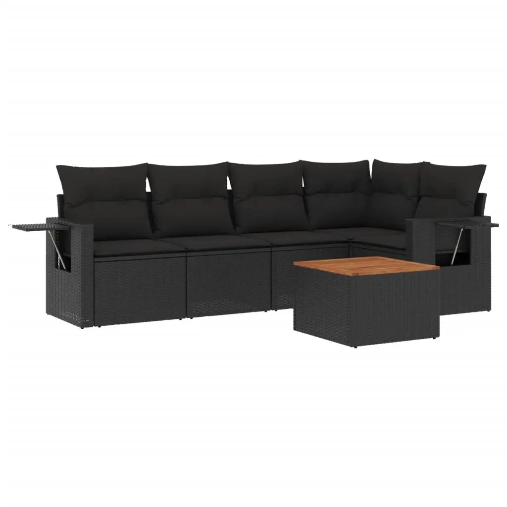 6 Piece Garden Sofa Set with Cushions Black Poly Rattan 3224550 - Furniture