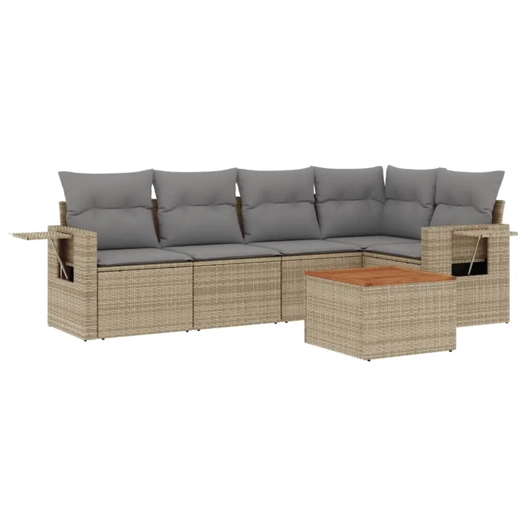 6 Piece Garden Sofa Set with Cushions Beige Poly Rattan 3224554 - Furniture