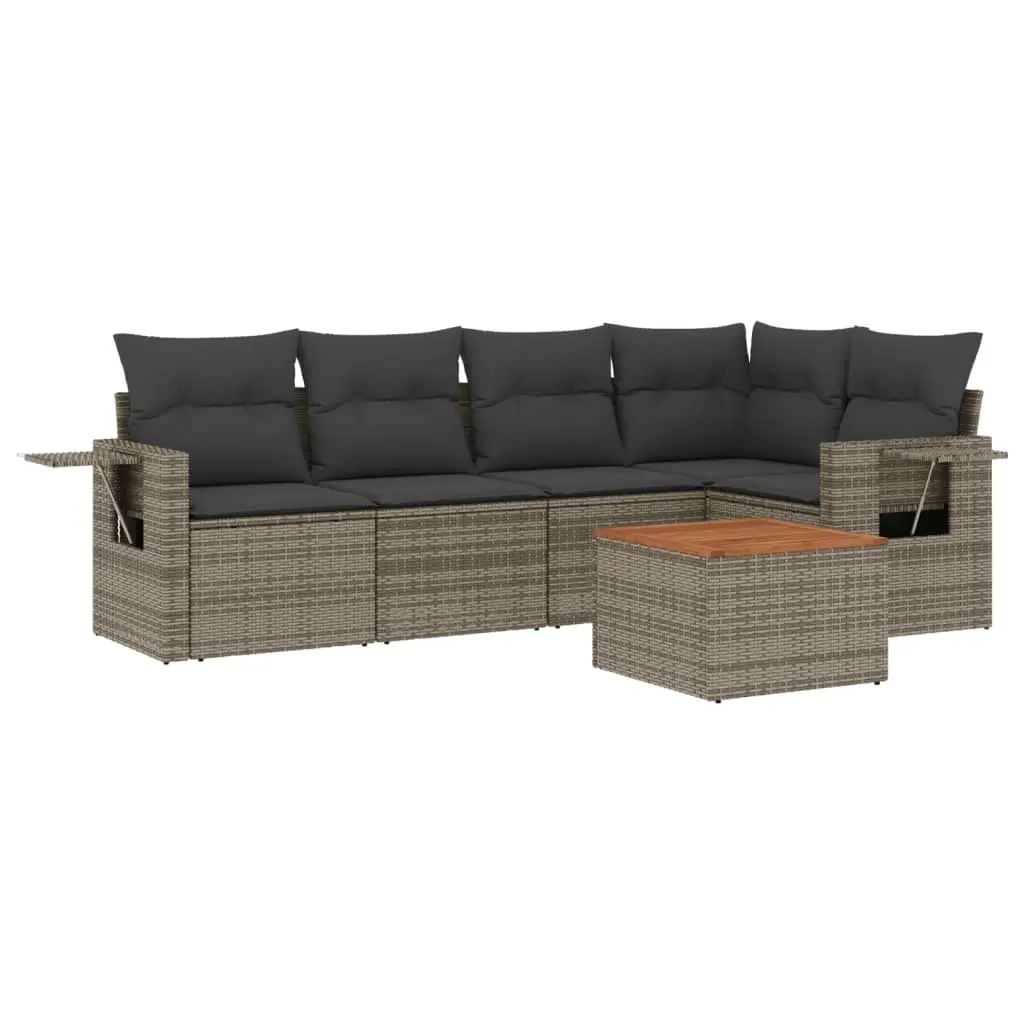 6 Piece Garden Sofa Set with Cushions Grey Poly Rattan 3224555 - Furniture